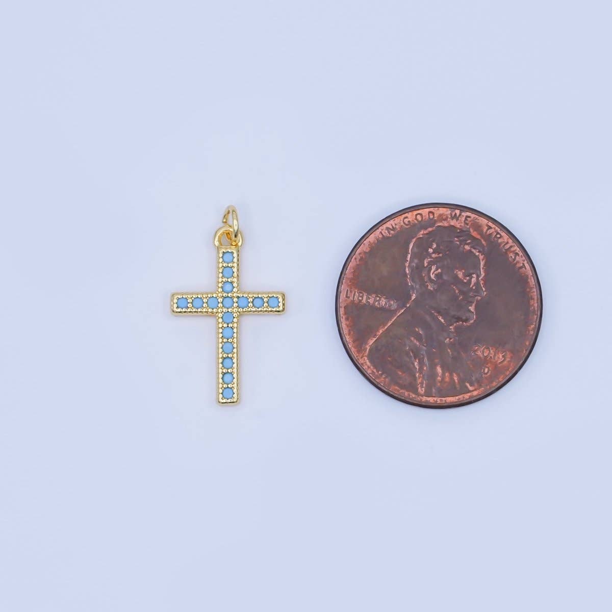 24K Gold Filled Turquoise Micro Paved Religious Cross Charm | AF440