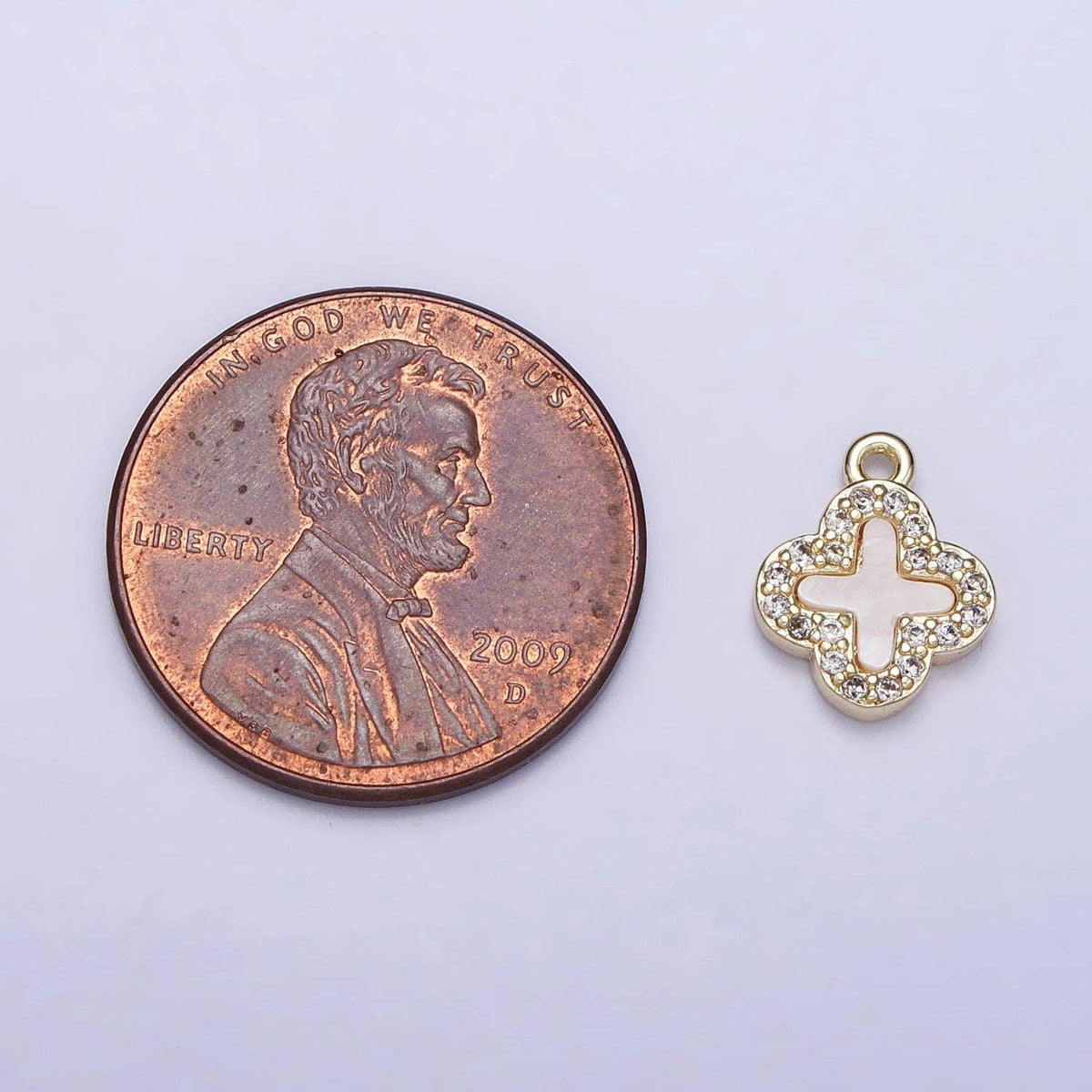 14K Gold Filled 16.5mm Clover Quatrefoil Shell Pearl CZ Micro Paved Charm | AC1052