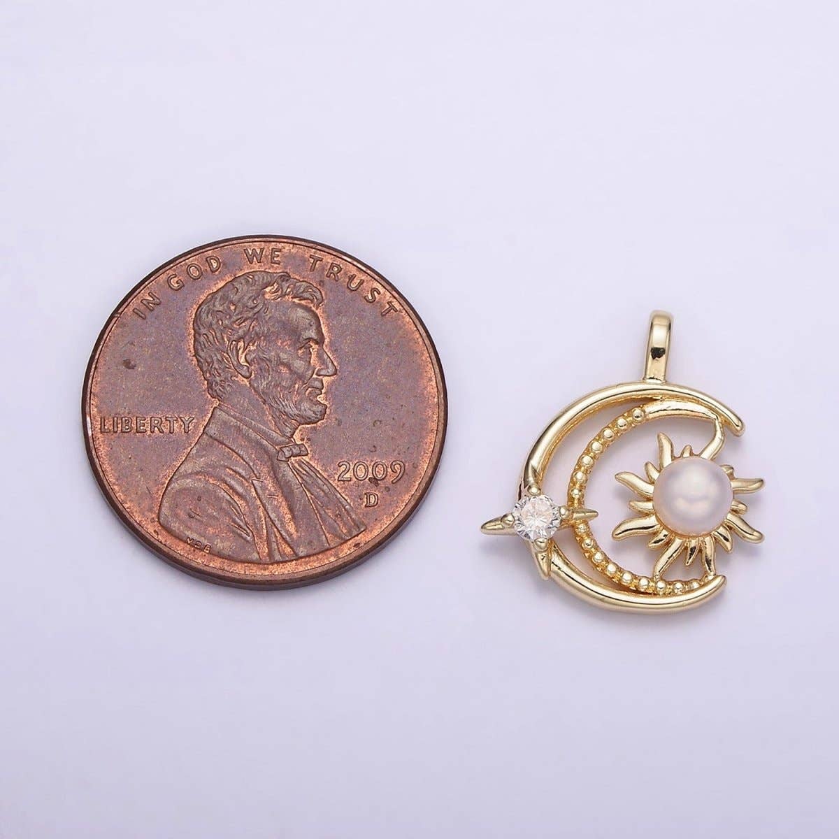 14K Gold Filled Celestial Beaded Crescent Moon Pearl Sun CZ Star Pendant | AA633