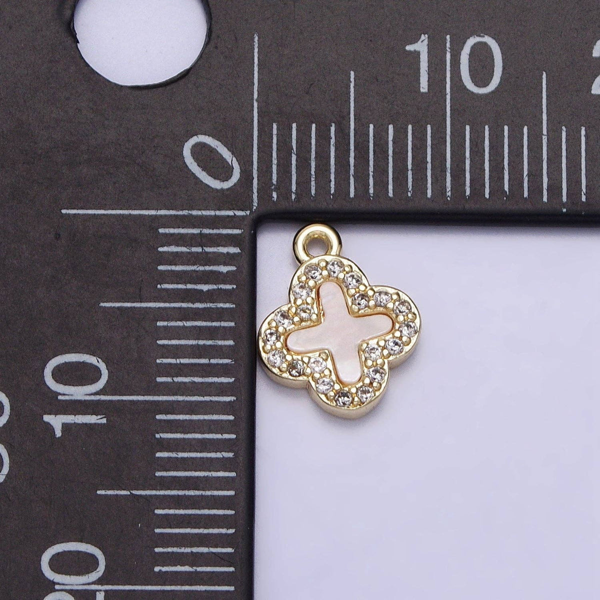14K Gold Filled 16.5mm Clover Quatrefoil Shell Pearl CZ Micro Paved Charm | AC1052