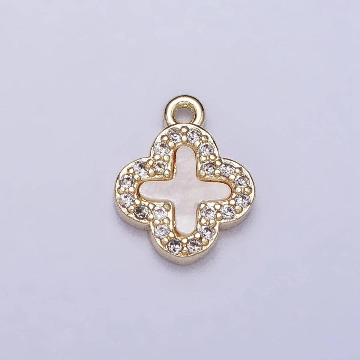 14K Gold Filled 16.5mm Clover Quatrefoil Shell Pearl CZ Micro Paved Charm | AC1052