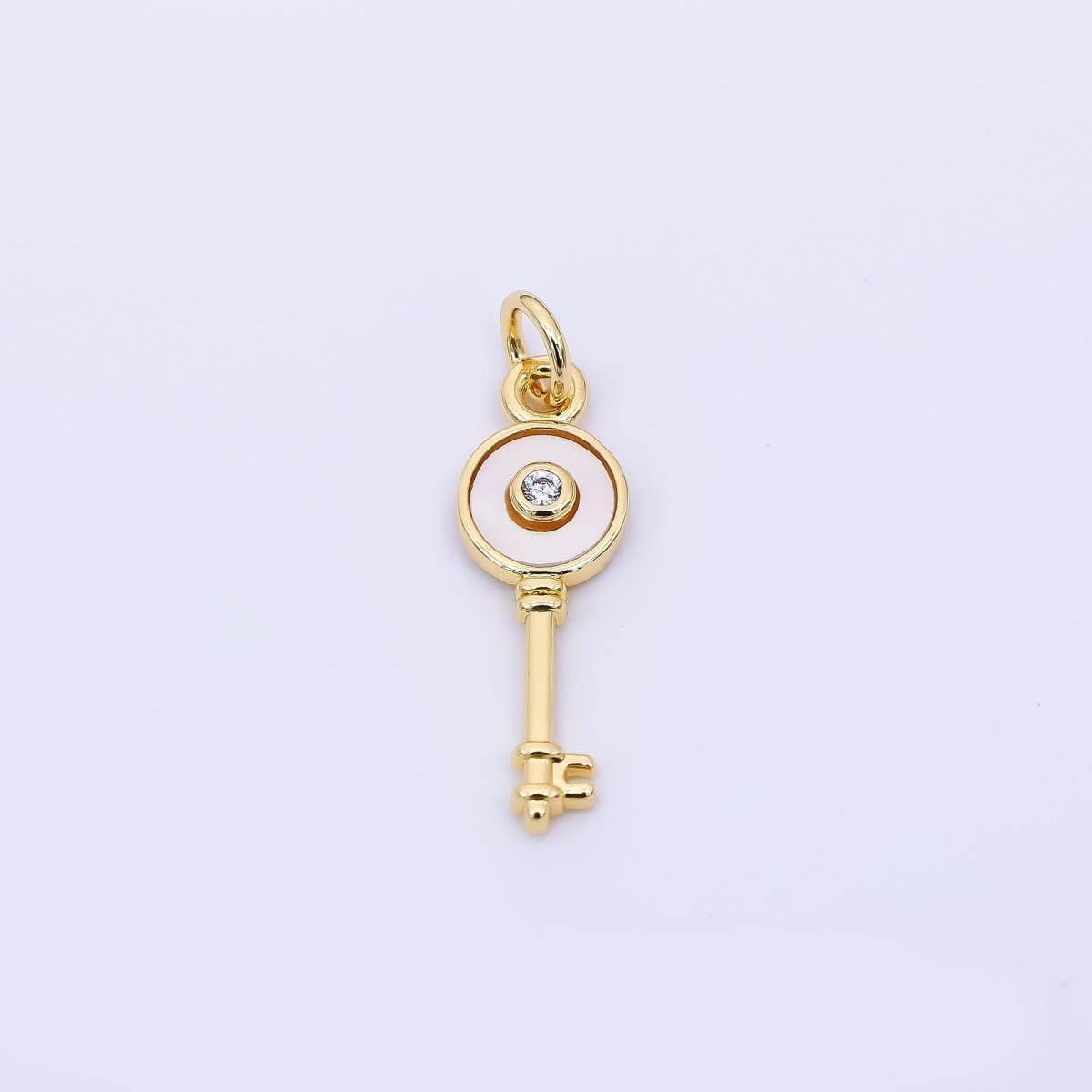 24K Gold Filled 21mm Round CZ Mother of Pearl Art Key Charm | AH-563