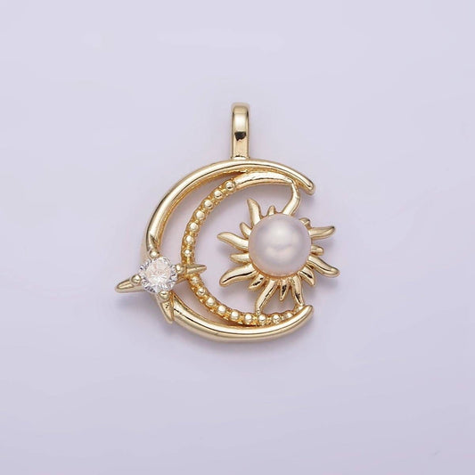 14K Gold Filled Celestial Beaded Crescent Moon Pearl Sun CZ Star Pendant | AA633
