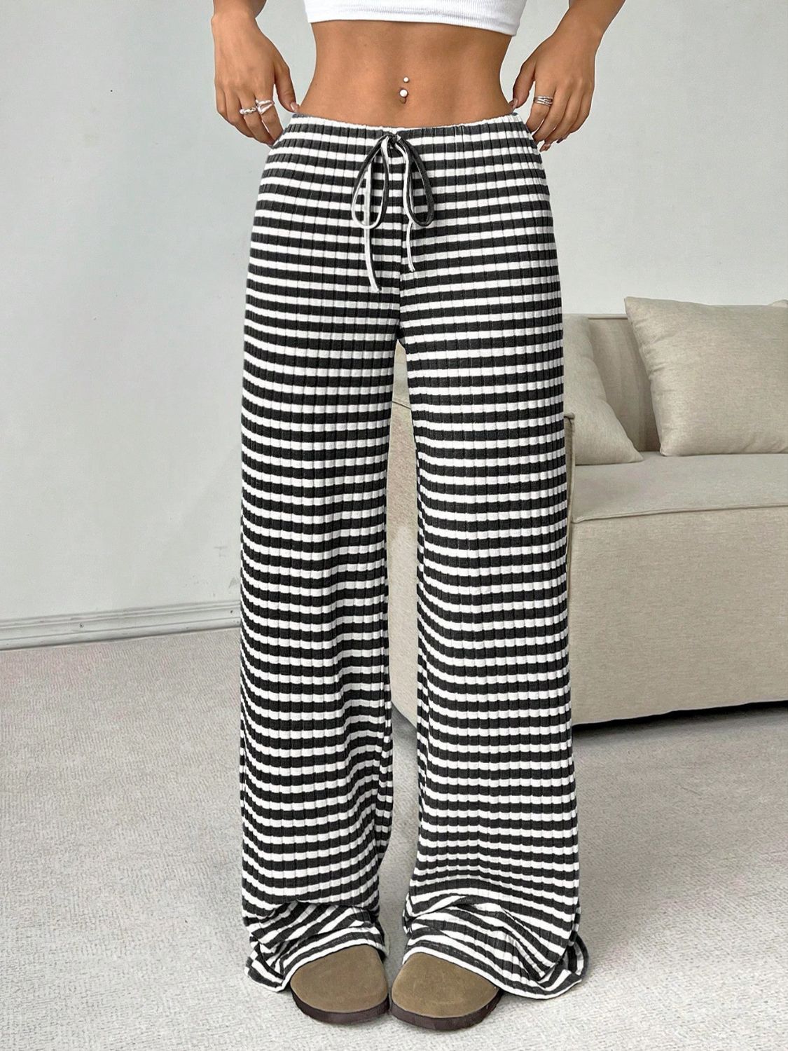 Tied Striped Wide Leg Pants