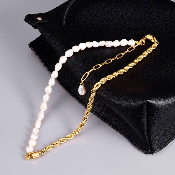 18K Gold Pearl and Chain Necklace