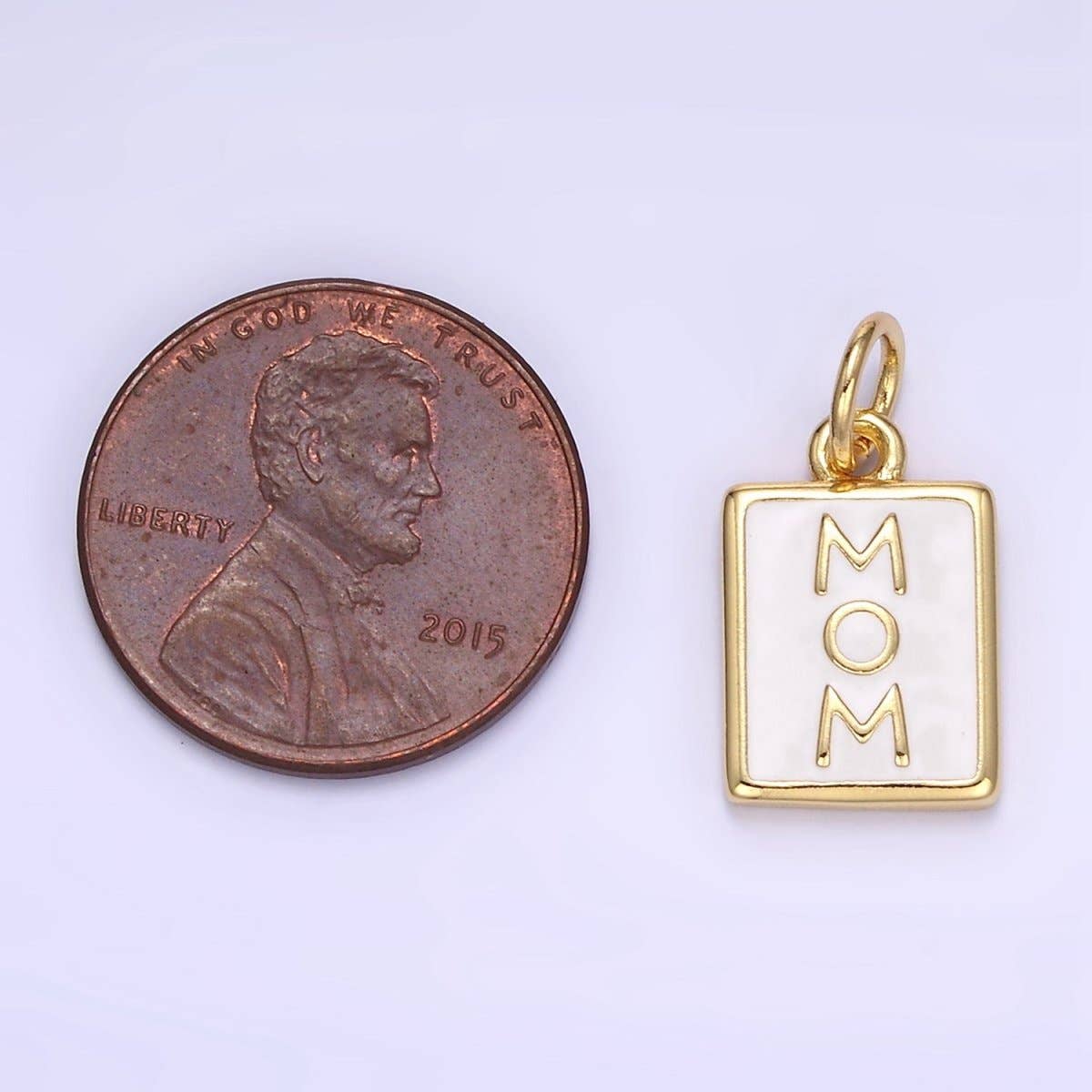 24K Gold Filled "MOM" White Enamel Tag Charm | E356