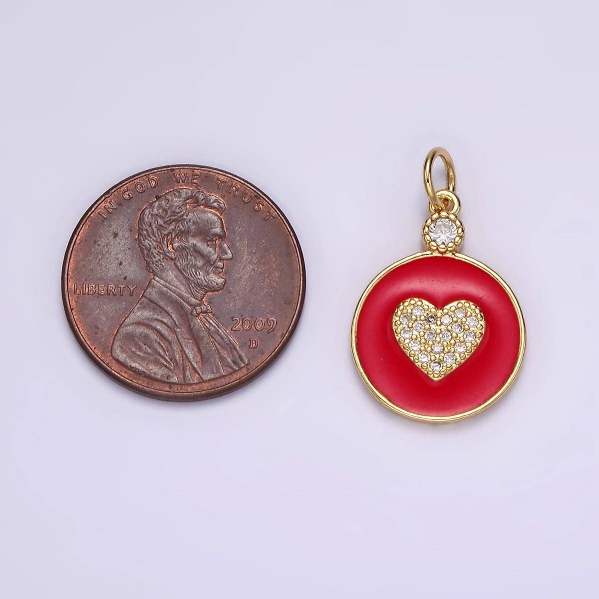 14K Gold Filled 22mm Clear Micro Paved CZ Heart Red Enamel Round Charm | N1733