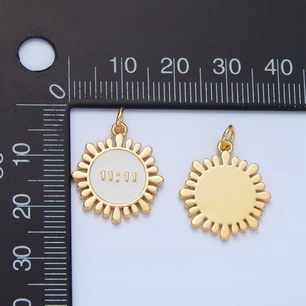 24K Gold Filled "11:11" Angel Number White Enamel Celestial Sun Flower Charm | X837