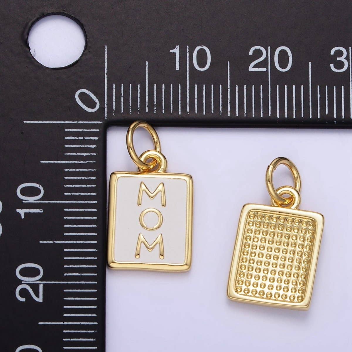 24K Gold Filled "MOM" White Enamel Tag Charm | E356