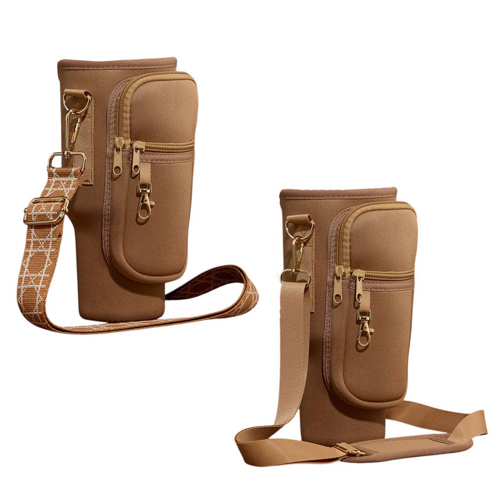 Solid Tumbler Carrier Holder Geometric Pattern Strap Crossbody Bag