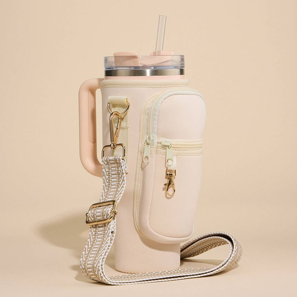 Solid Tumbler Carrier Holder Geometric Pattern Strap Crossbody Bag