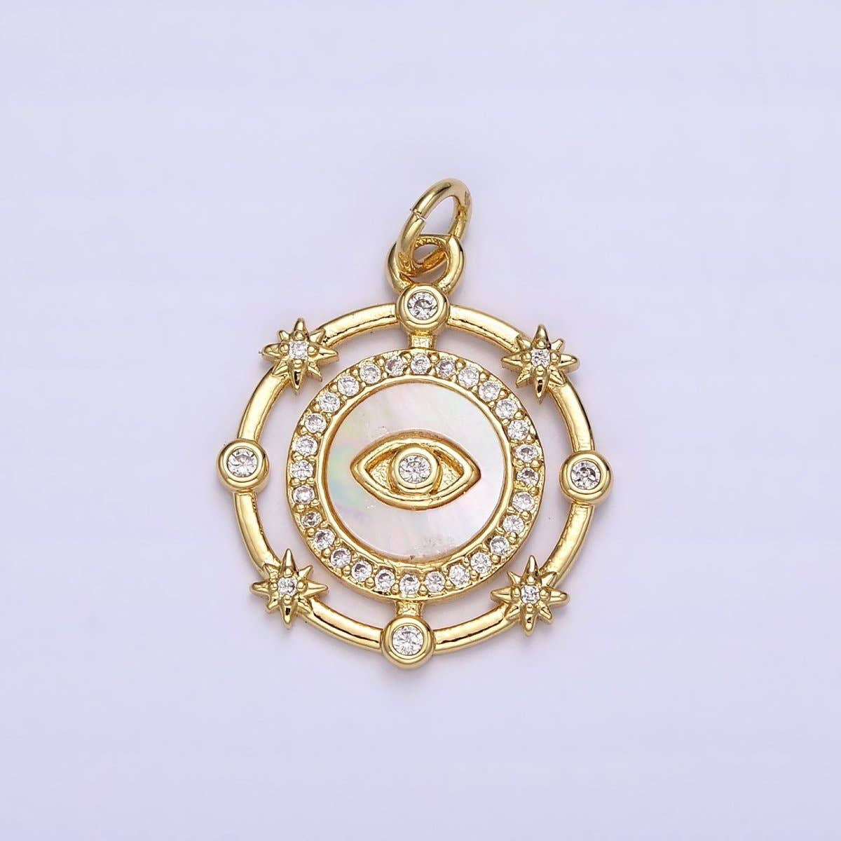 14K Gold Filled Evil Eye Shell Pearl Micro Paved CZ Celestial Star Dotted Round Charm | AC1437