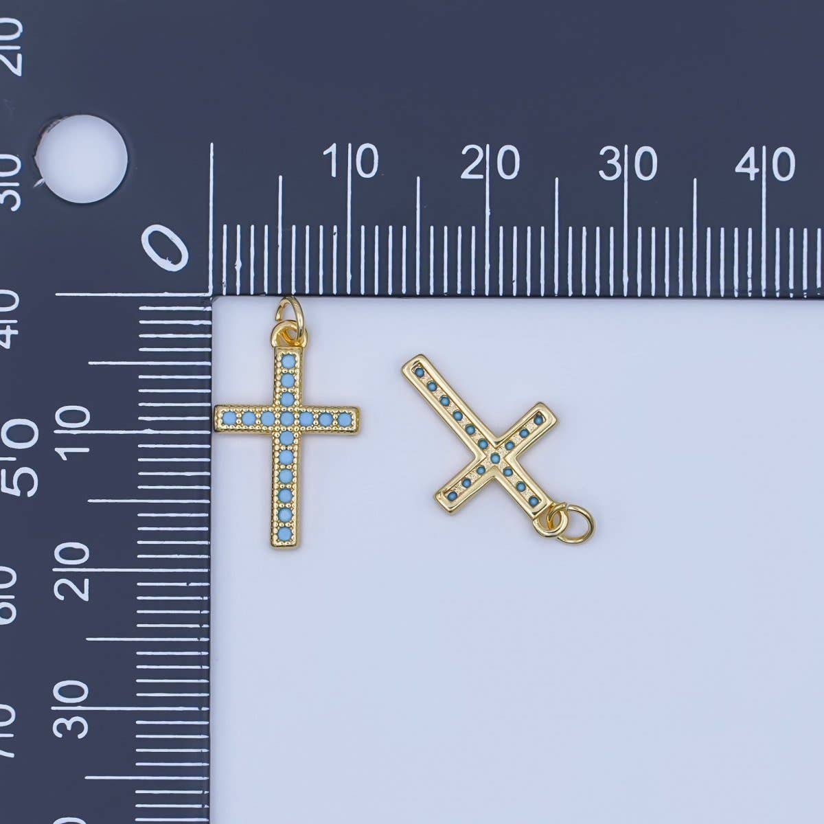 24K Gold Filled Turquoise Micro Paved Religious Cross Charm | AF440