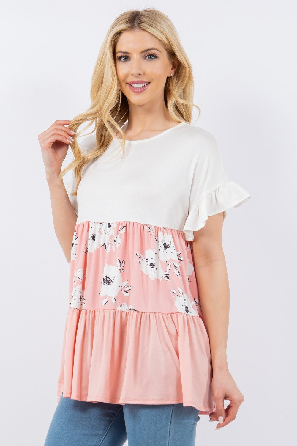 Celeste Full Size Floral Color Block Ruffled Short Sleeve Top