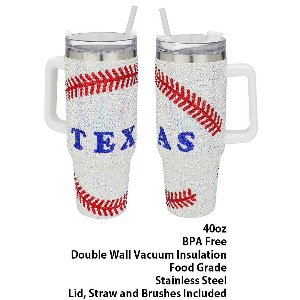 Bling Studded Texas Baseball 40oz Stainless Steel Tumbler