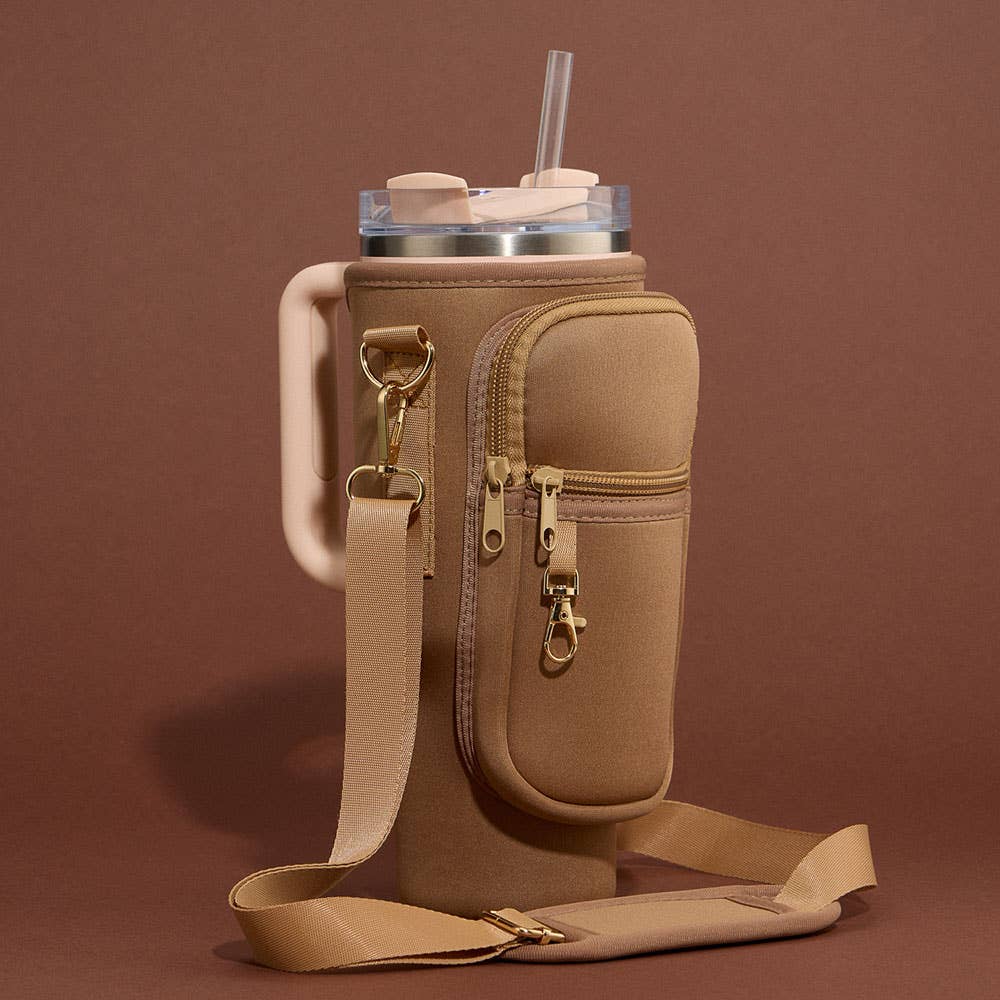 Solid Tumbler Carrier Holder Geometric Pattern Strap Crossbody Bag