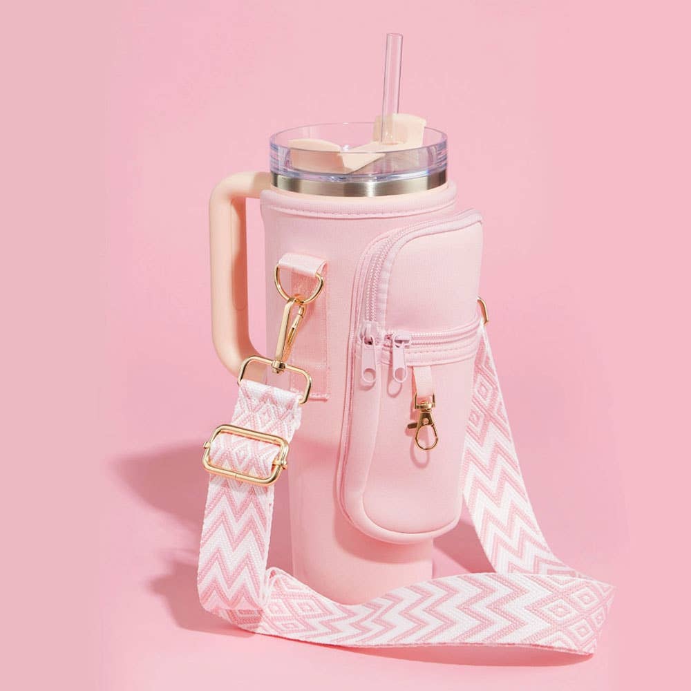 Solid Tumbler Carrier Holder Geometric Pattern Strap Crossbody Bag