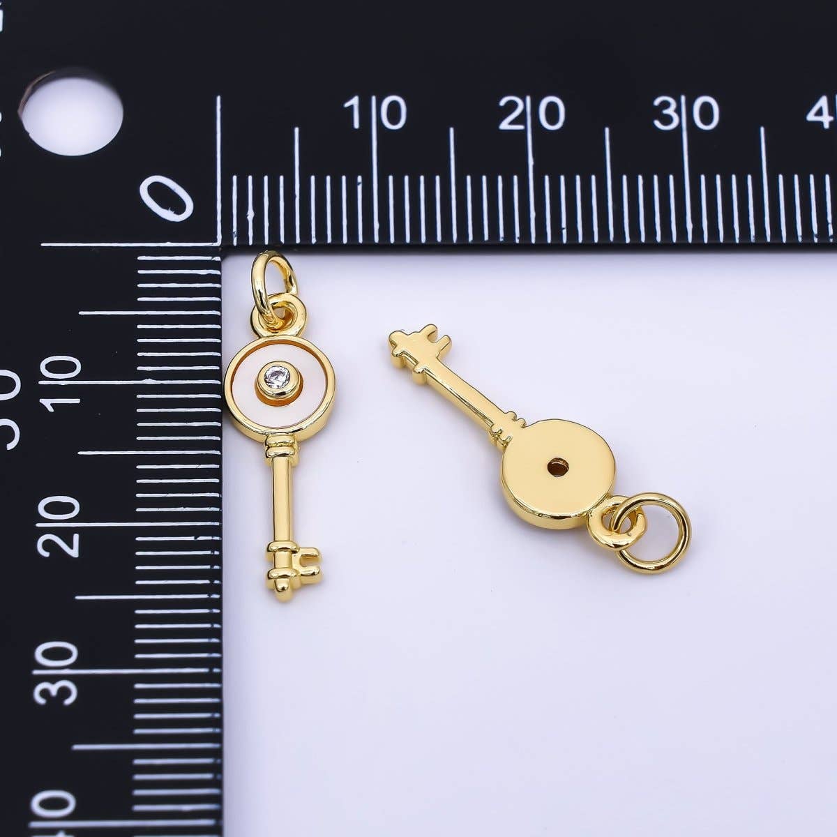 24K Gold Filled 21mm Round CZ Mother of Pearl Art Key Charm | AH-563