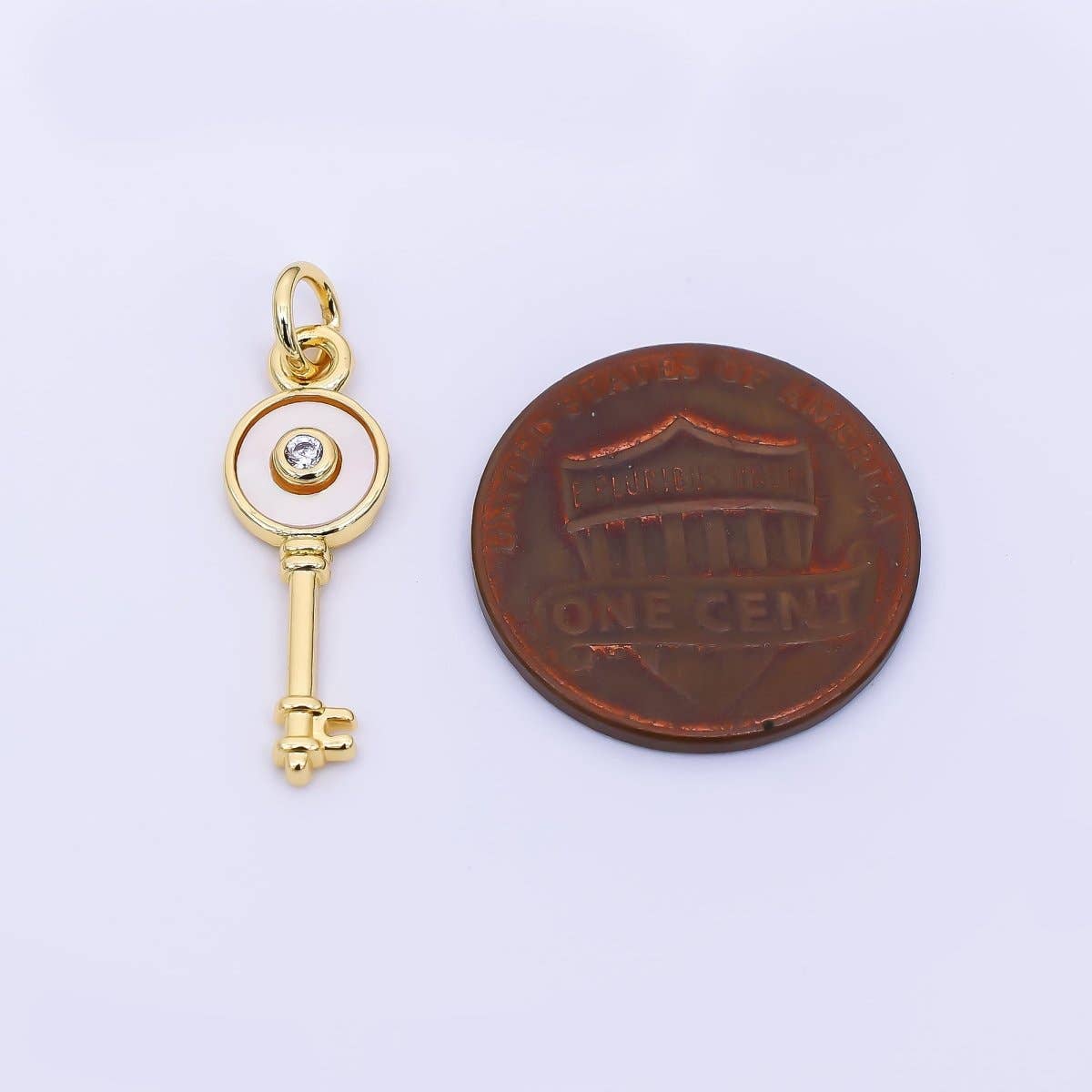 24K Gold Filled 21mm Round CZ Mother of Pearl Art Key Charm | AH-563
