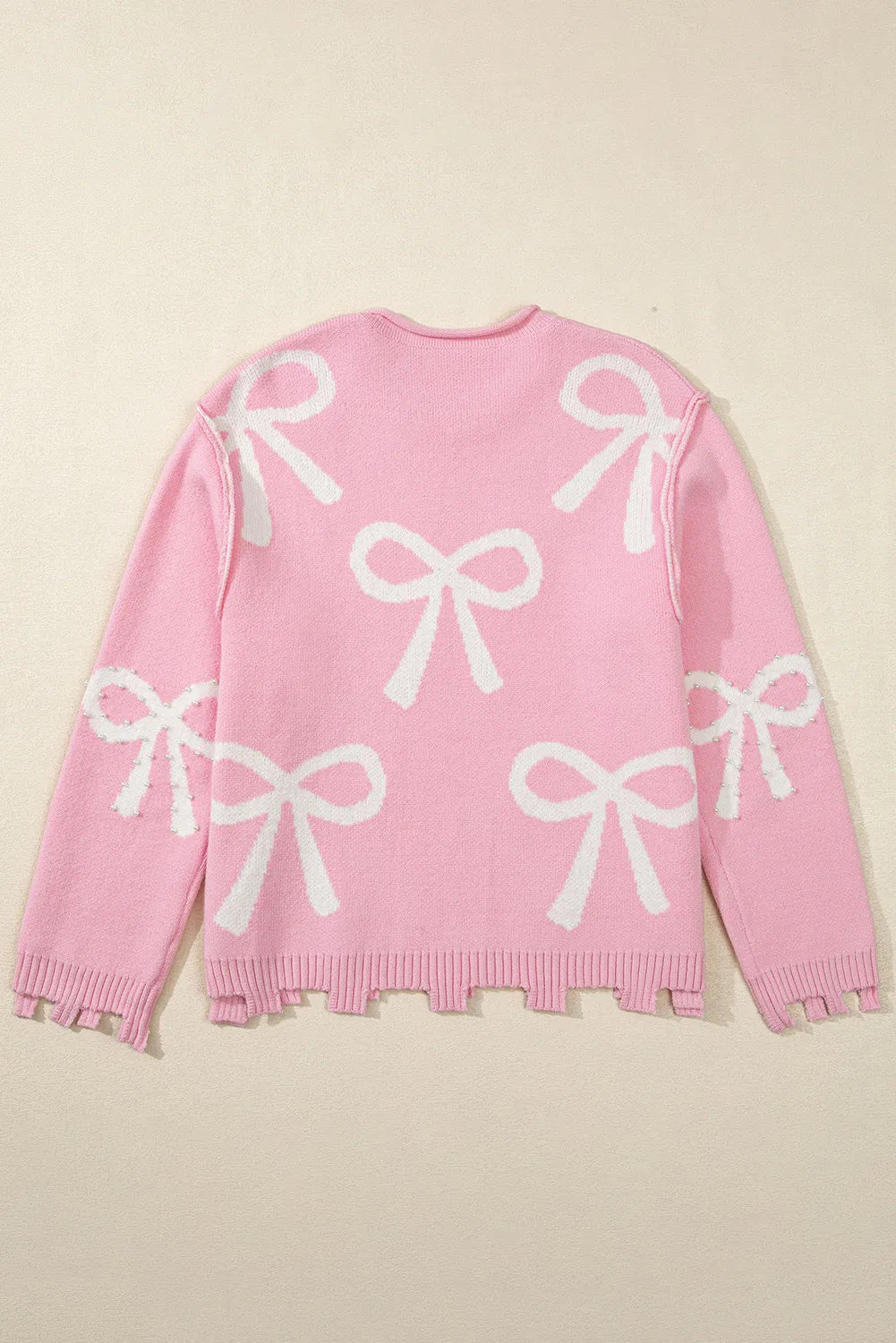 Pearl Detail Bow Round Neck Long Sleeve Sweater