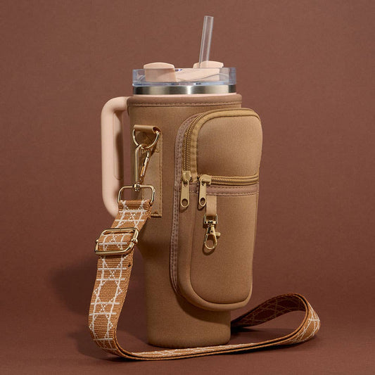 Solid Tumbler Carrier Holder Geometric Pattern Strap Crossbody Bag