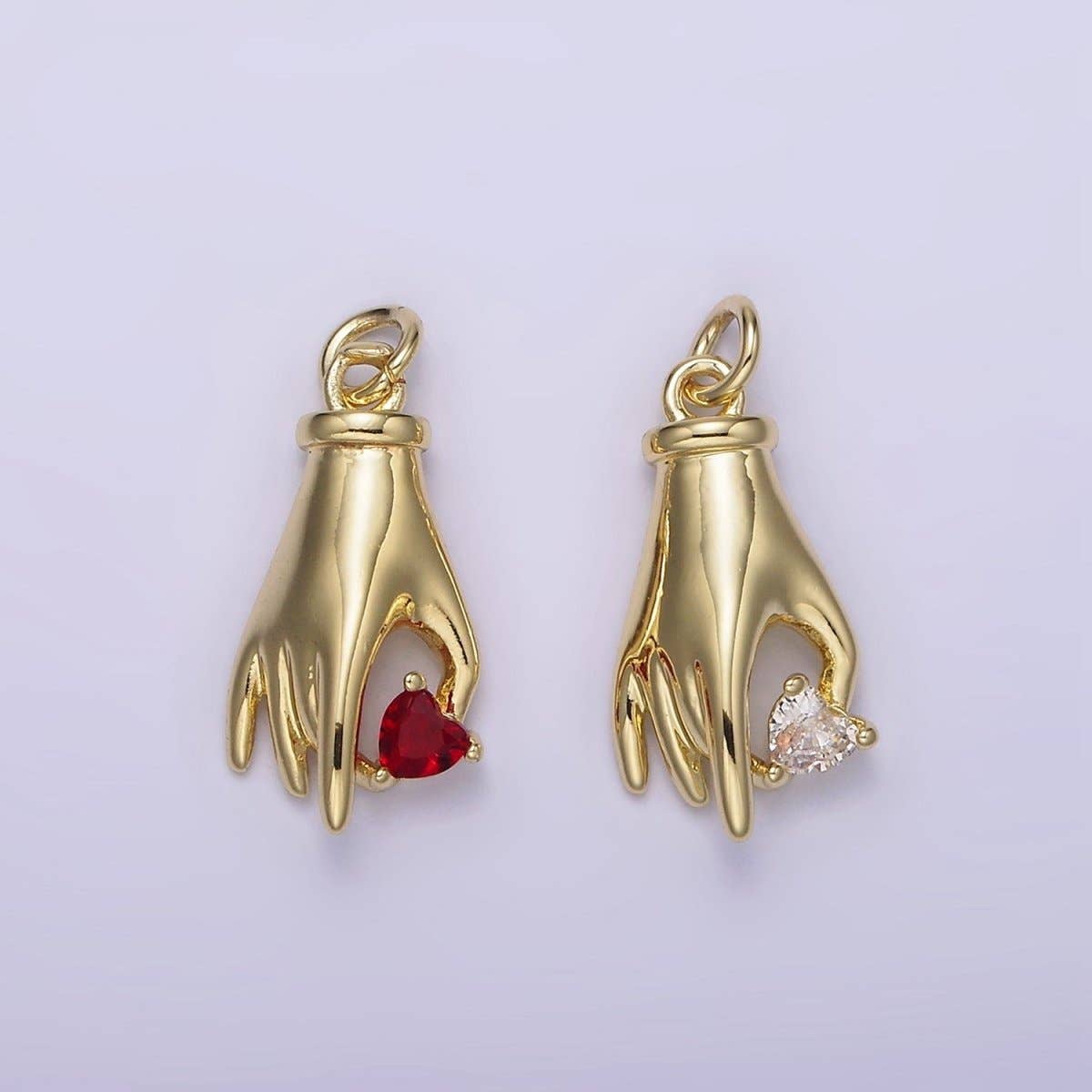 14K Gold Filled Clear, Red Heart Holding Hand Gesture Charm | AG202 AG203