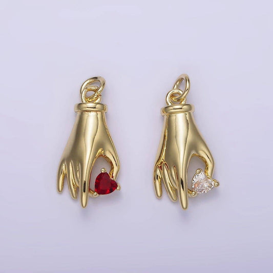 14K Gold Filled Clear, Red Heart Holding Hand Gesture Charm | AG202 AG203