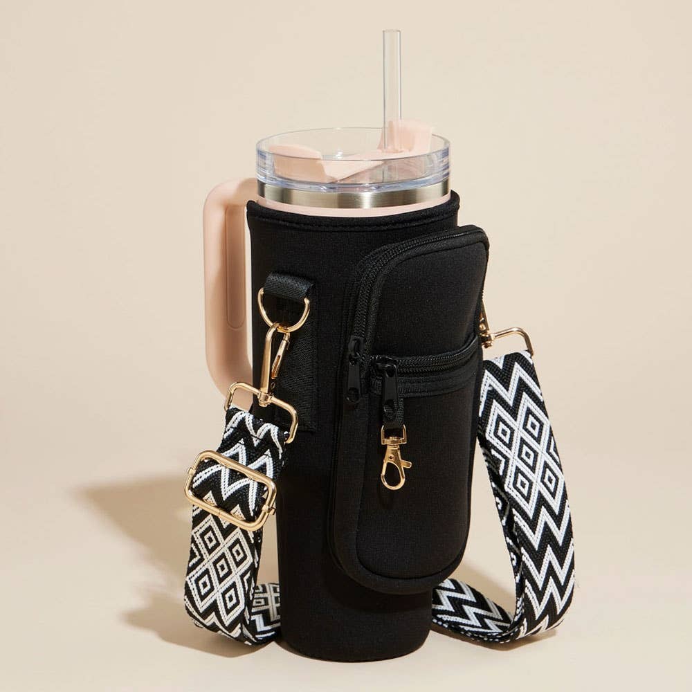 Solid Tumbler Carrier Holder Geometric Pattern Strap Crossbody Bag