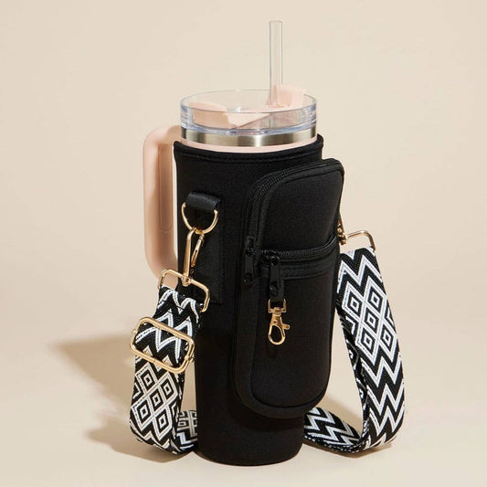 Solid Tumbler Carrier Holder Geometric Pattern Strap Crossbody Bag