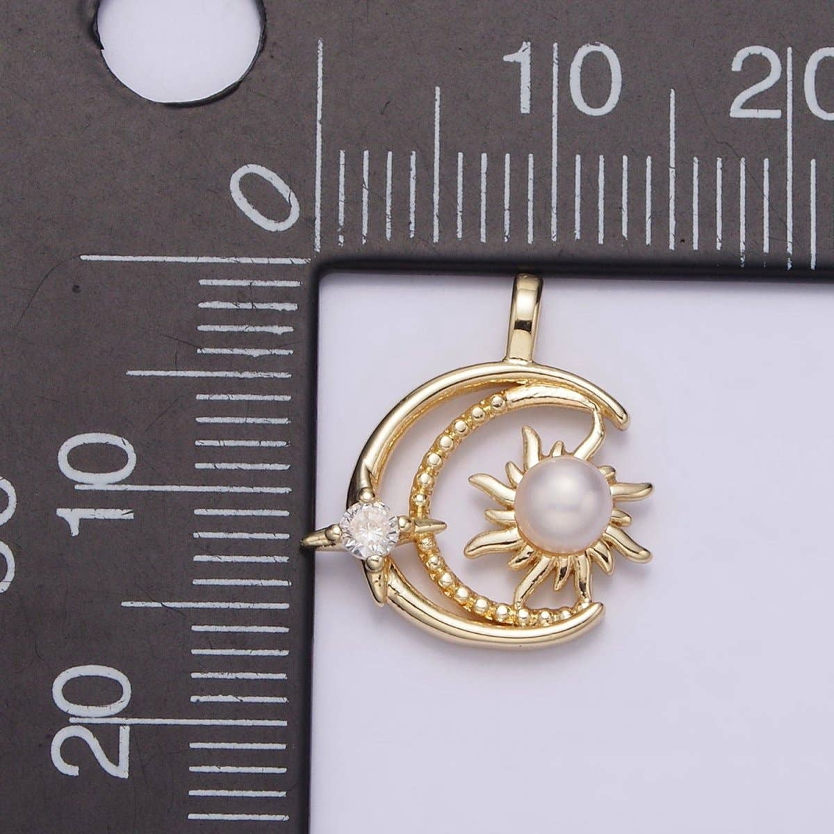 14K Gold Filled Celestial Beaded Crescent Moon Pearl Sun CZ Star Pendant | AA633