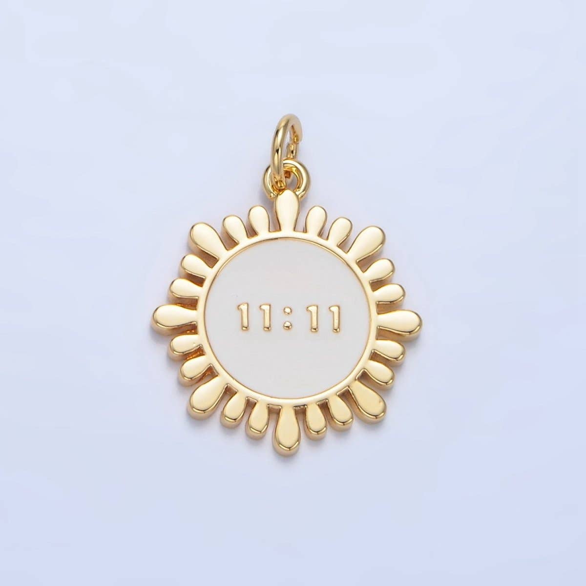 24K Gold Filled "11:11" Angel Number White Enamel Celestial Sun Flower Charm | X837