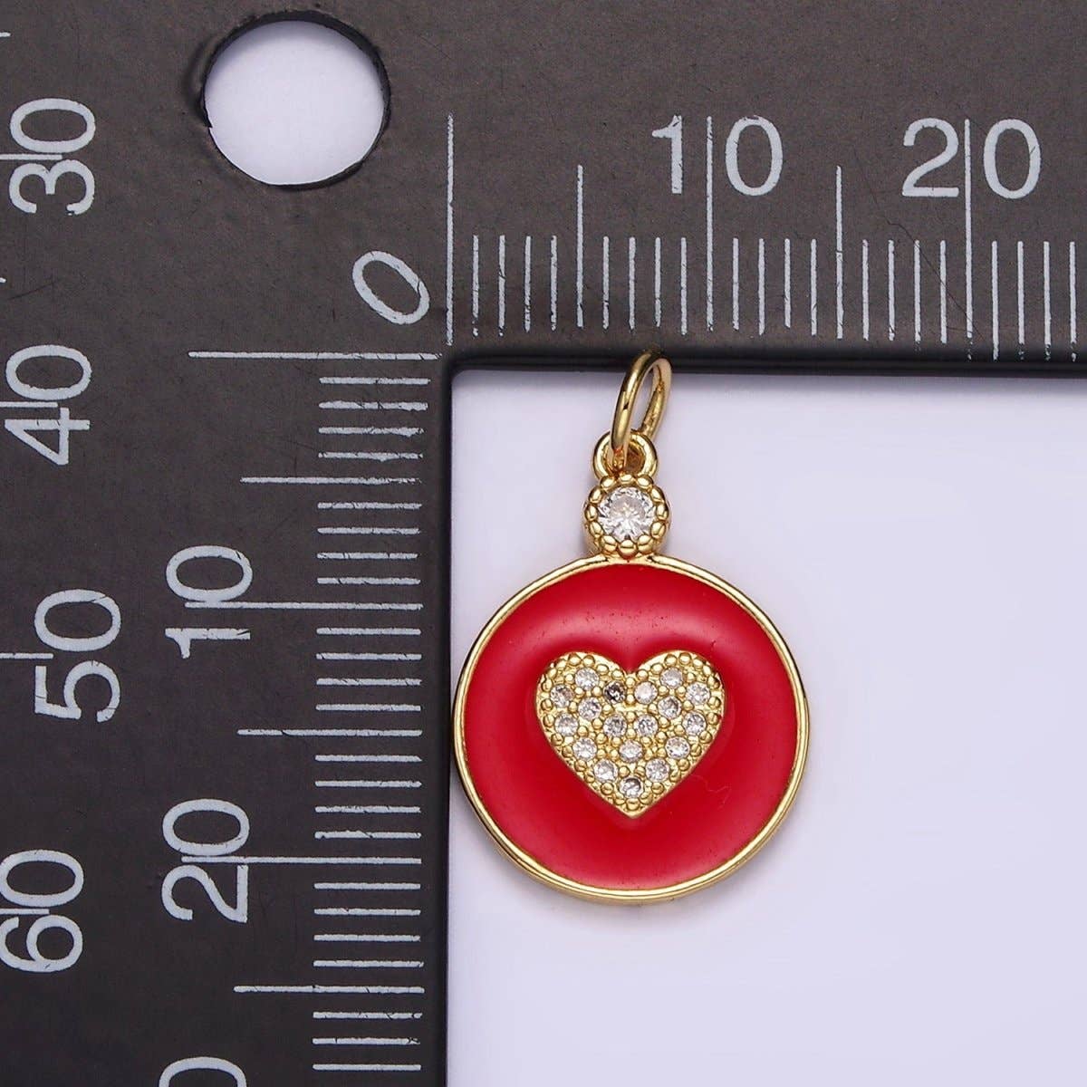 14K Gold Filled 22mm Clear Micro Paved CZ Heart Red Enamel Round Charm | N1733