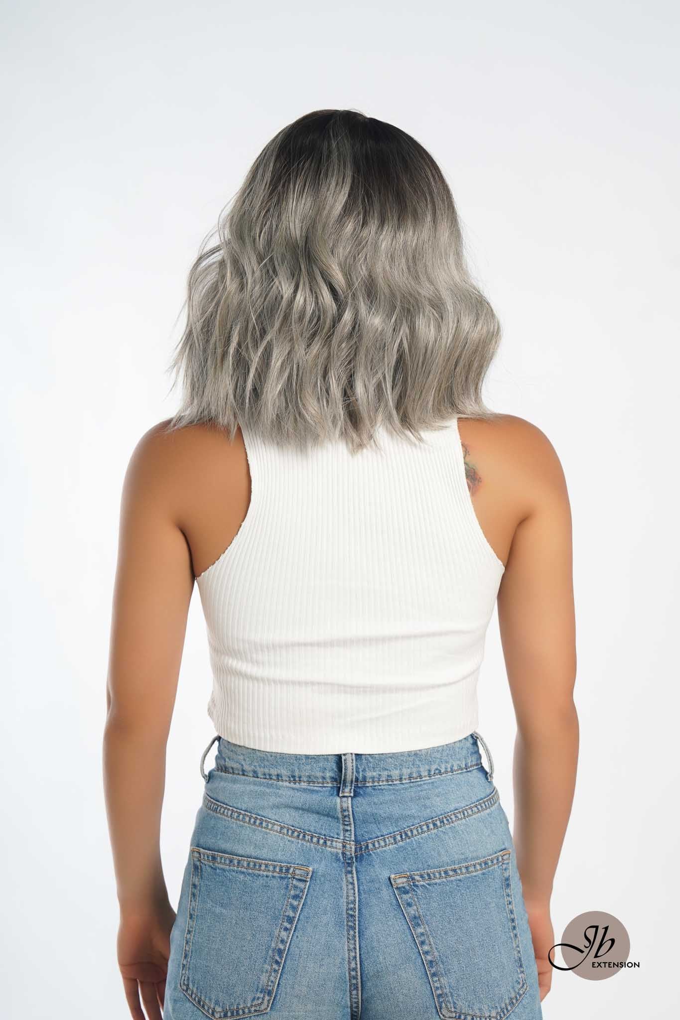 JBEXTENSION 12 Inches Grey With Blonde Highlight Wave Side Part Pre-Cut Frontlace Glueless Wig SAMANTHA LACE