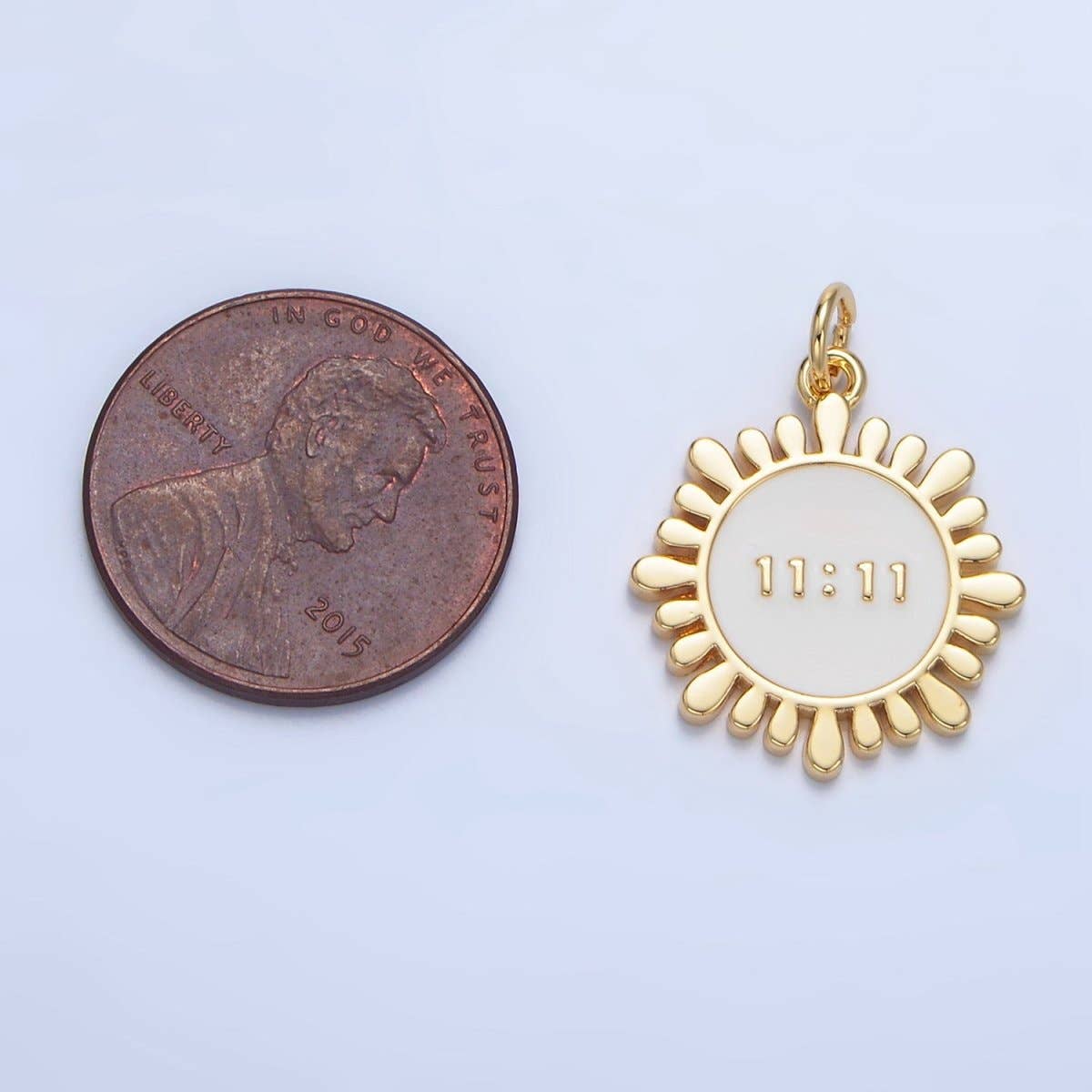 24K Gold Filled "11:11" Angel Number White Enamel Celestial Sun Flower Charm | X837
