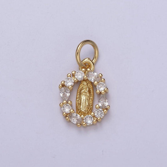 14k Gold Filled Small Round Our Lady of Guadalupe Charm Virgin Mary Circle CZ Religious Catholic Jesus Rosary C-576