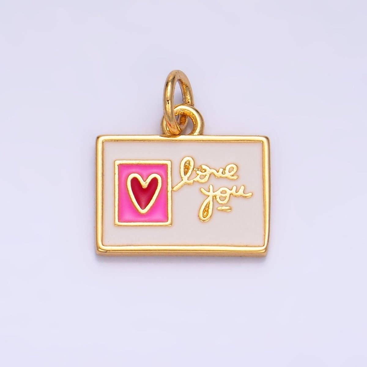 24K Gold Filled "Love You" Script Enamel Post Card Charm | W276