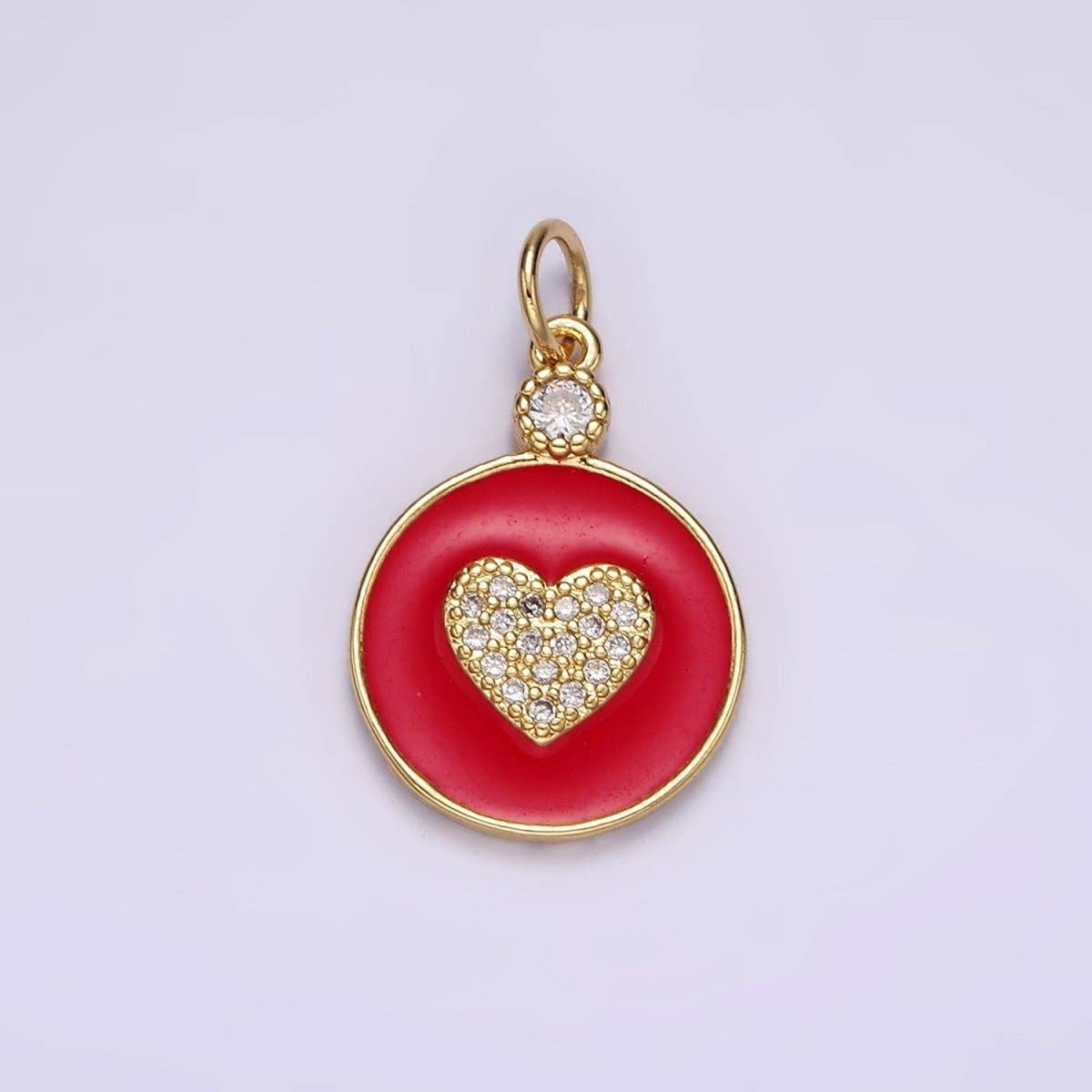 14K Gold Filled 22mm Clear Micro Paved CZ Heart Red Enamel Round Charm | N1733