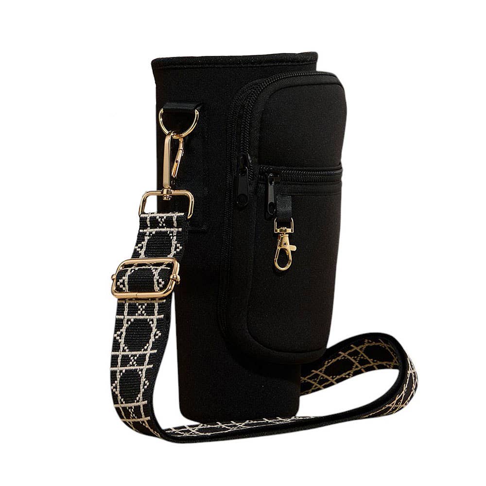 Solid Tumbler Carrier Holder Geometric Pattern Strap Crossbody Bag