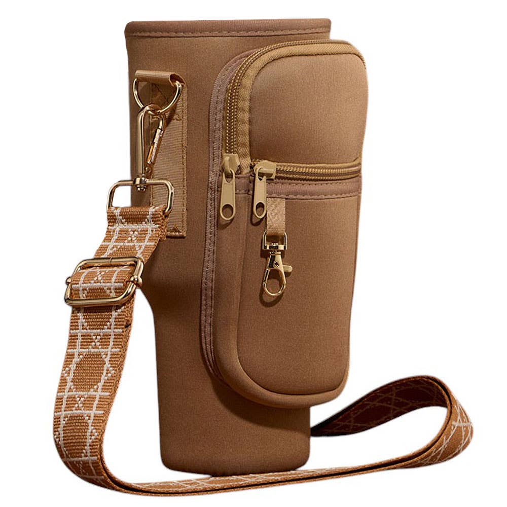 Solid Tumbler Carrier Holder Geometric Pattern Strap Crossbody Bag