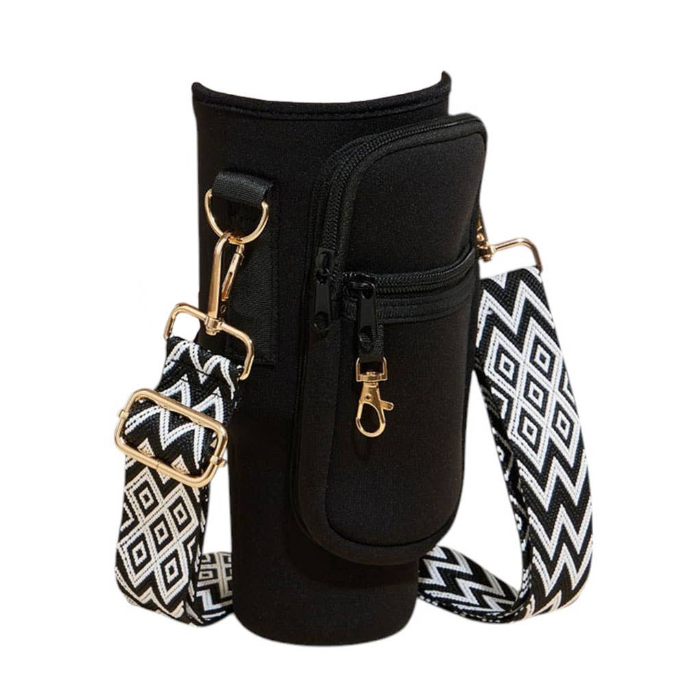 Solid Tumbler Carrier Holder Geometric Pattern Strap Crossbody Bag