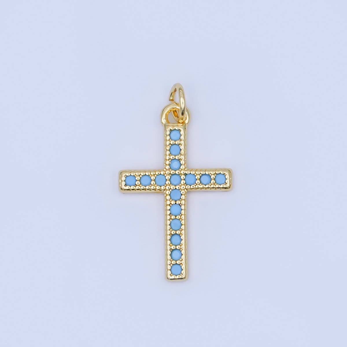 24K Gold Filled Turquoise Micro Paved Religious Cross Charm | AF440