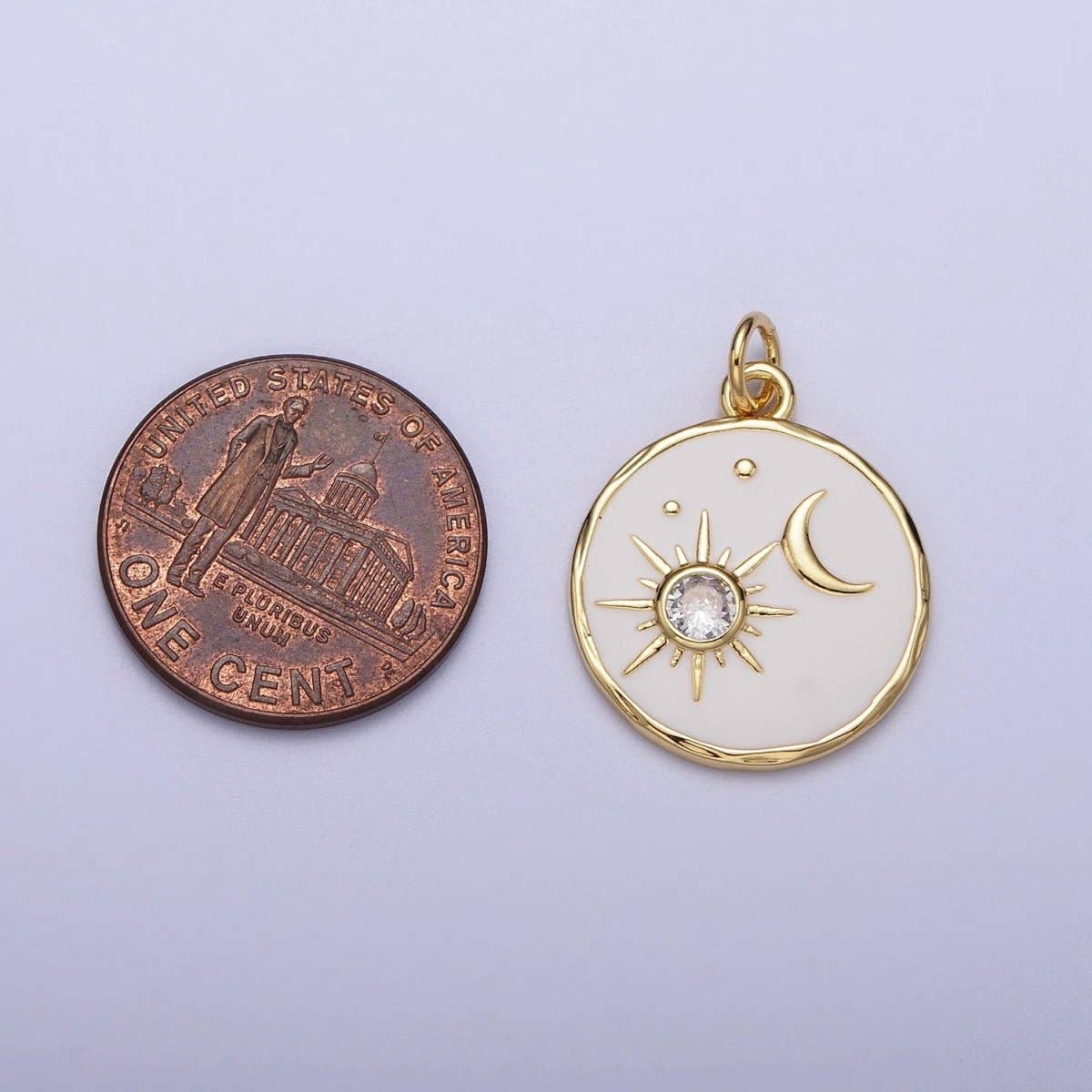 14K Gold Filled White Enamel Celestial Sun Crescent Moon Round Coin Charm E-651
