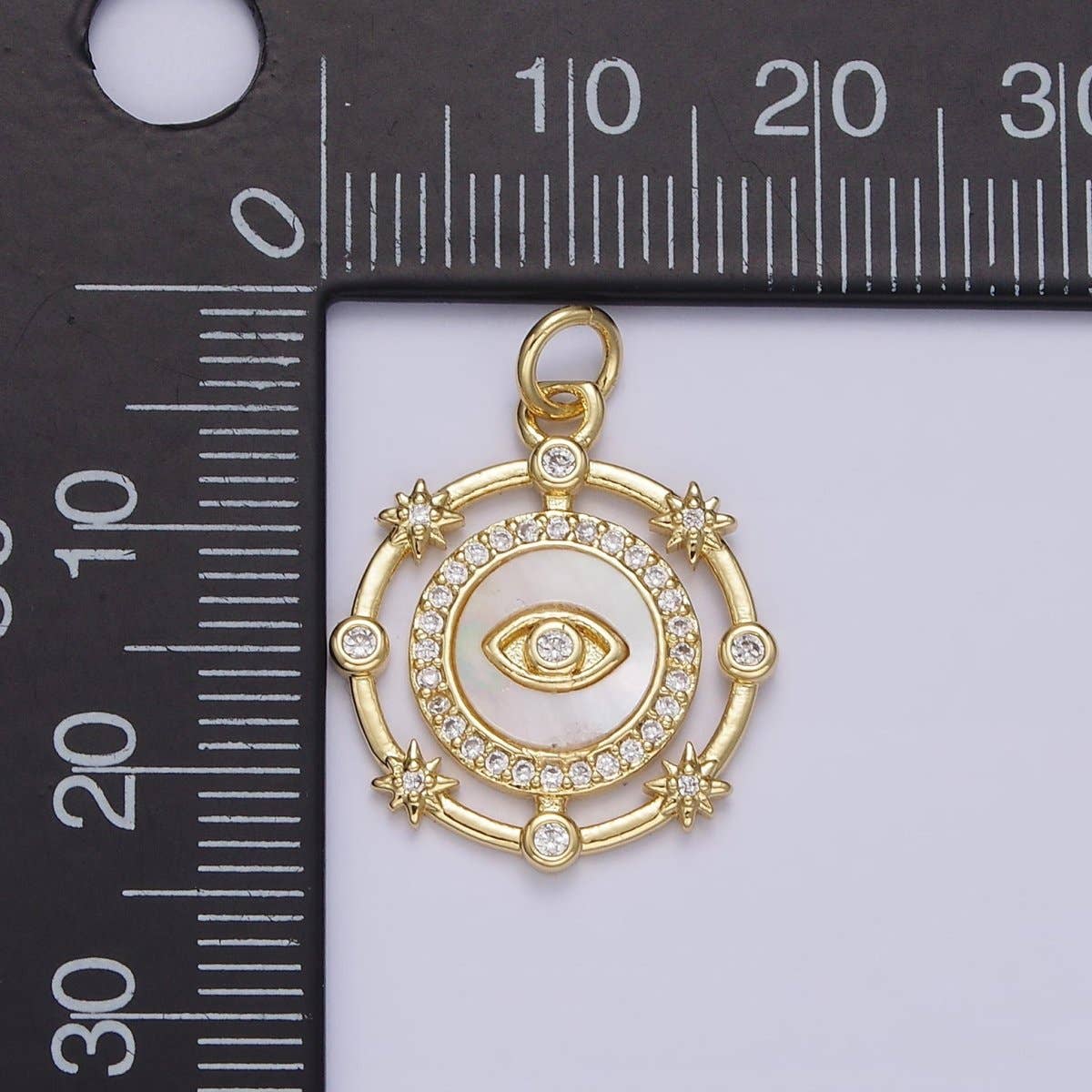 14K Gold Filled Evil Eye Shell Pearl Micro Paved CZ Celestial Star Dotted Round Charm | AC1437