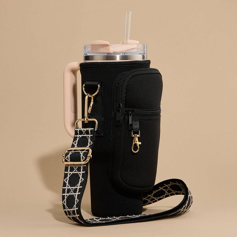 Solid Tumbler Carrier Holder Geometric Pattern Strap Crossbody Bag