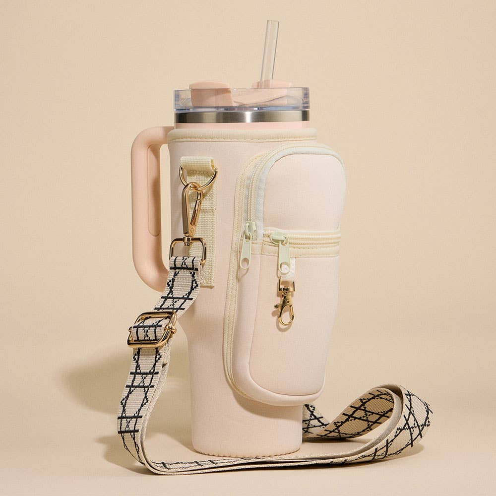 Solid Tumbler Carrier Holder Geometric Pattern Strap Crossbody Bag