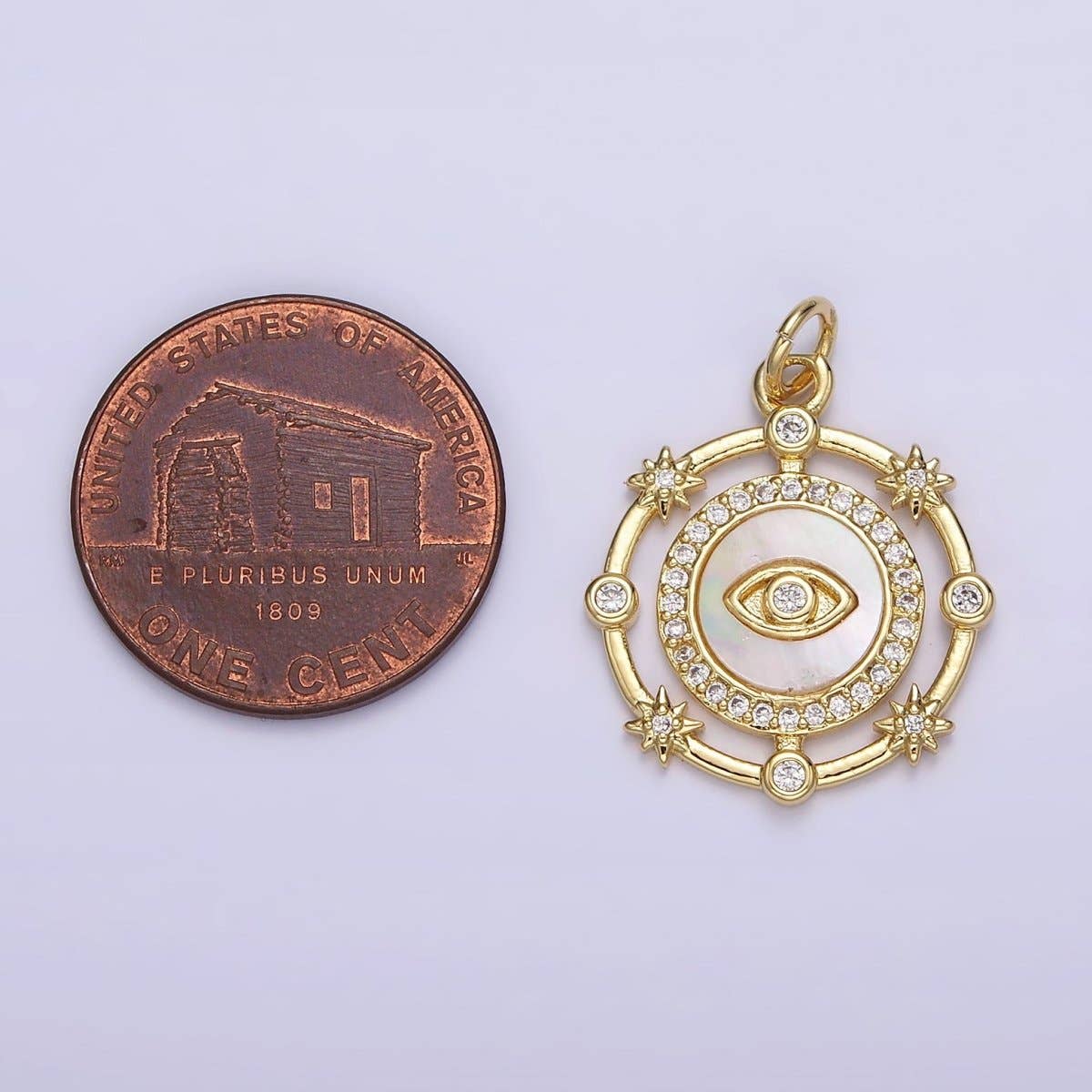14K Gold Filled Evil Eye Shell Pearl Micro Paved CZ Celestial Star Dotted Round Charm | AC1437
