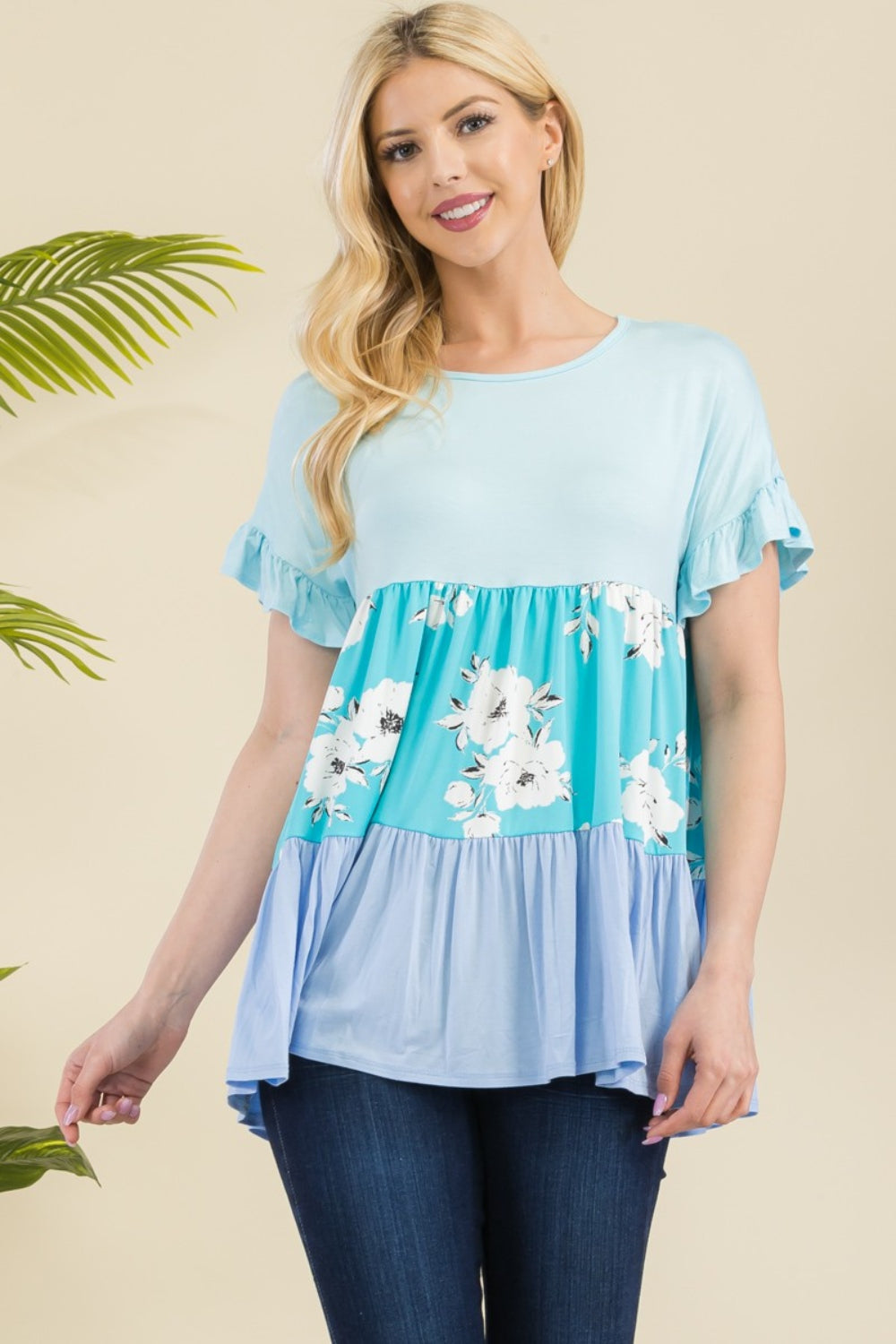 Celeste Full Size Floral Color Block Ruffled Short Sleeve Top