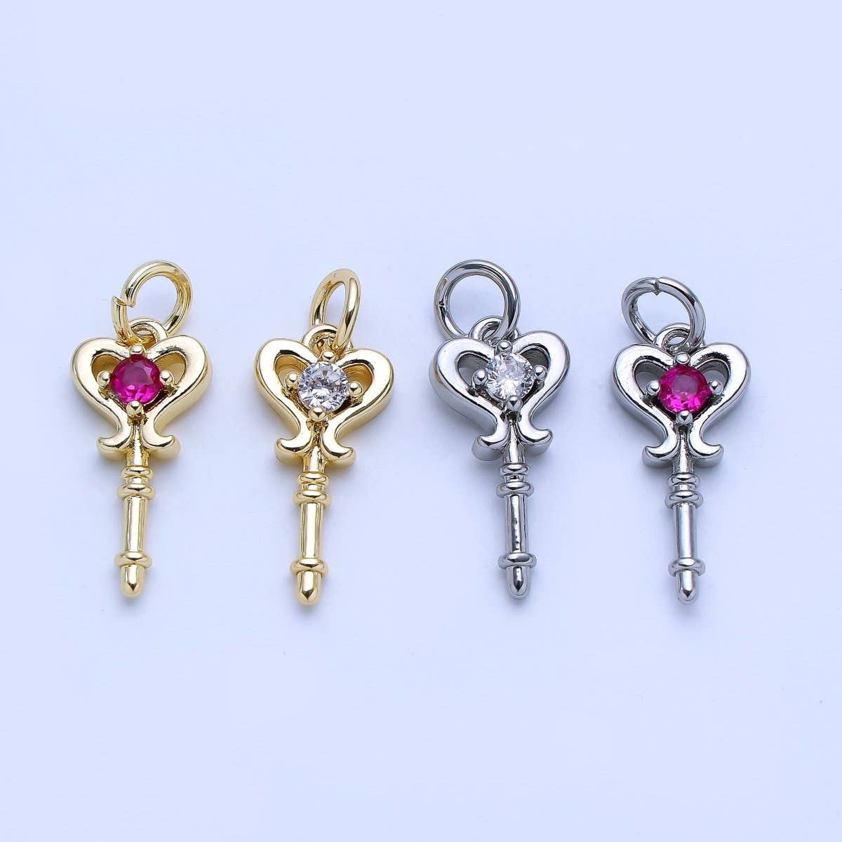 24K Gold Filled Clear, Pink CZ Key Lock Charm in Gold & Silver | AJ377 AJ468