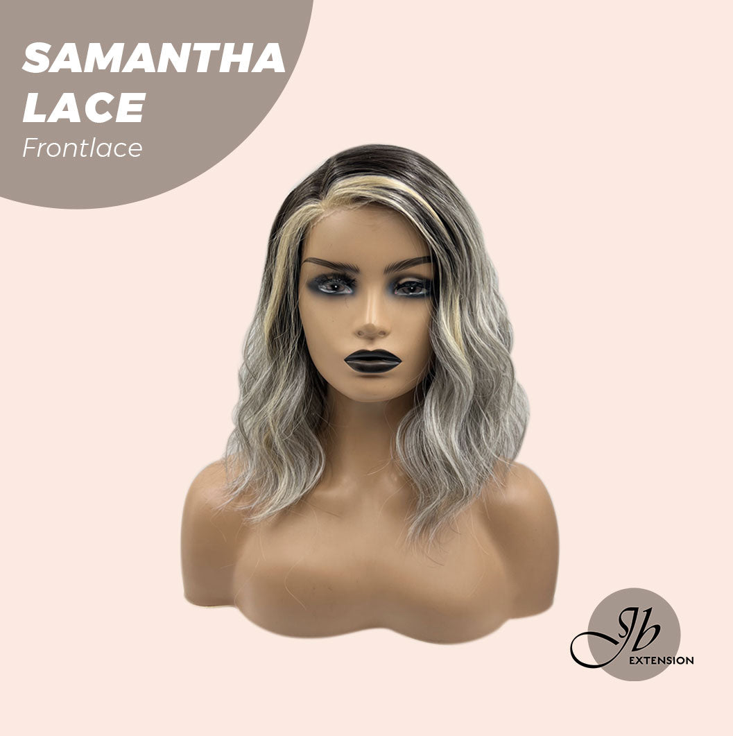 JBEXTENSION 12 Inches Grey With Blonde Highlight Wave Side Part Pre-Cut Frontlace Glueless Wig SAMANTHA LACE