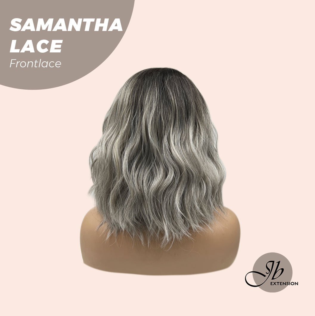 JBEXTENSION 12 Inches Grey With Blonde Highlight Wave Side Part Pre-Cut Frontlace Glueless Wig SAMANTHA LACE